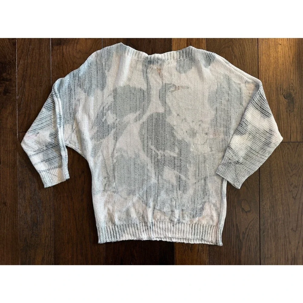 Sioni Womens Crane Bird Print Knit Sweater Grey White Batwing 3/4 Sleeve Medium